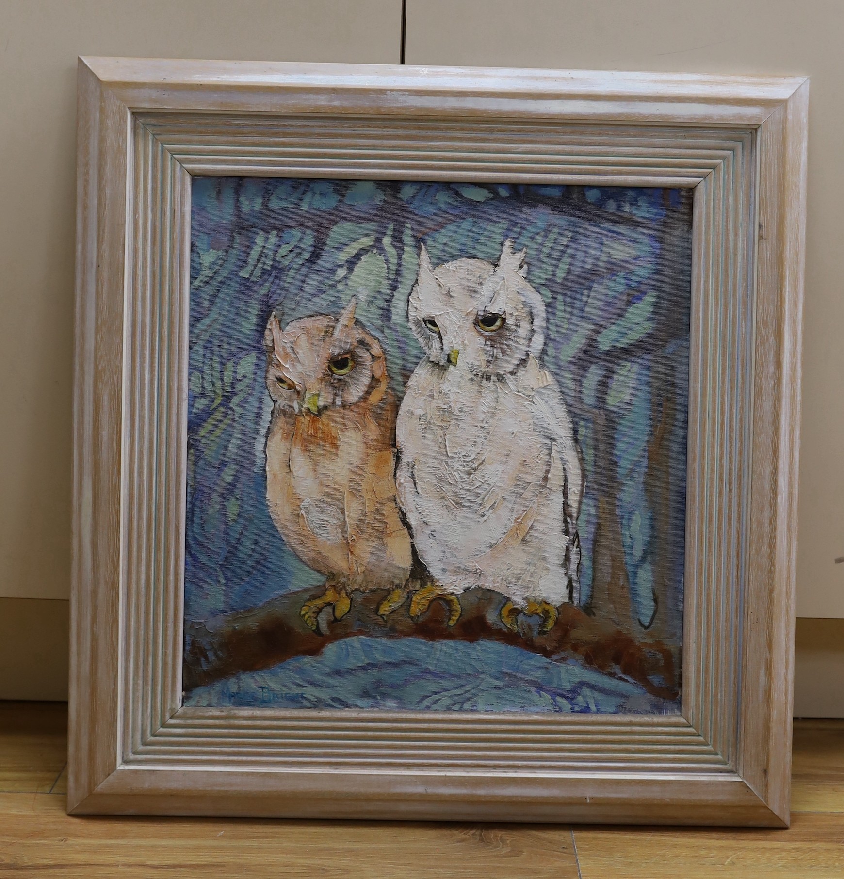 Madge Bright, oil on canvas, Owls perched on a branch, signed, 46 x 43cm - Image 2 of 3