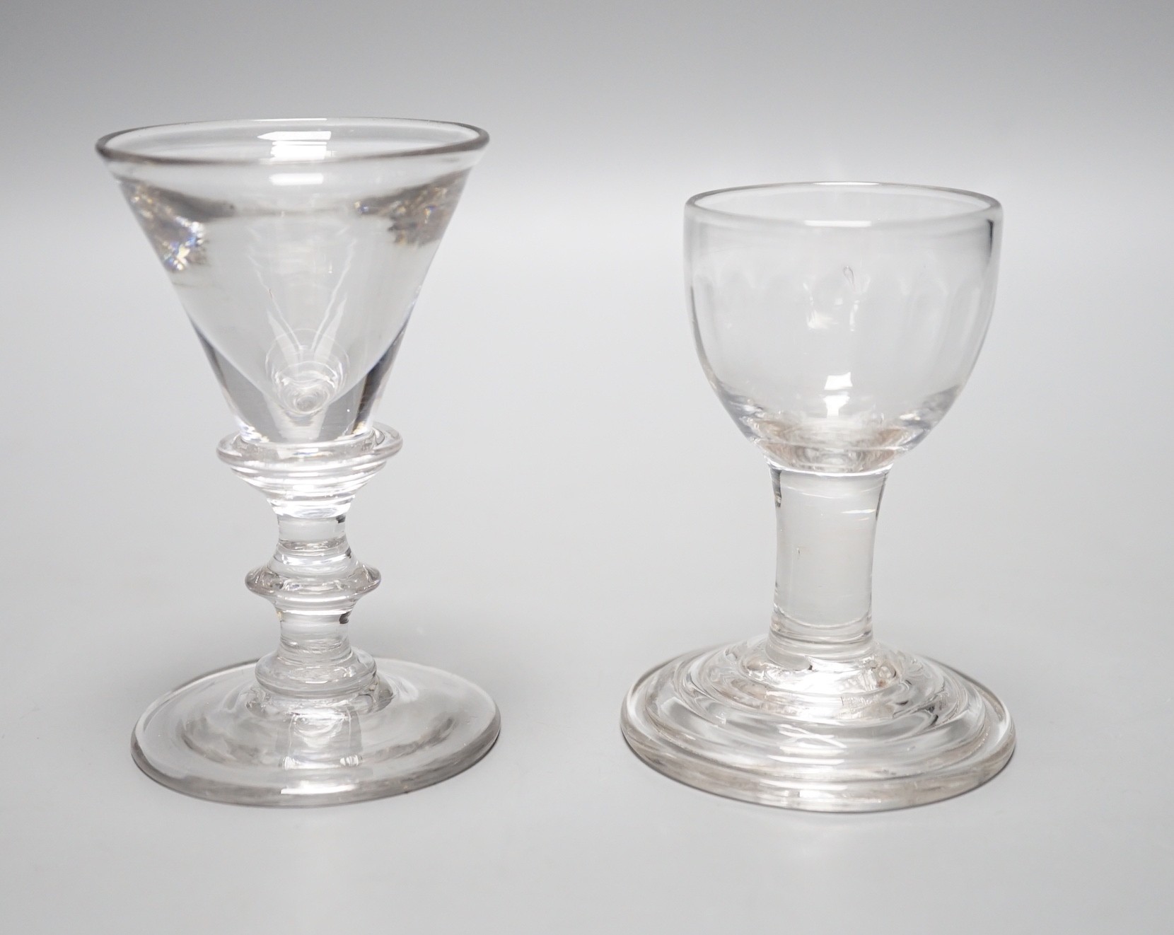 A George III dram glass, terraced foot and a similar deceptive glass, tallest 9.5cm - Image 2 of 3