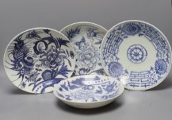 Four blue and white Chinese saucer dishes, 19th / 20thcentury, largest 25cm diameter