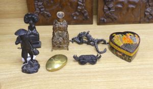 A Japanese bronze of a crab another of a dragon, a deity, figure scent bottle and two boxes,dragon
