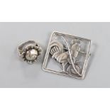 A Georg Jensen sterling square cockerel brooch and frond, no. 276, 37mm and a Jensen style flower
