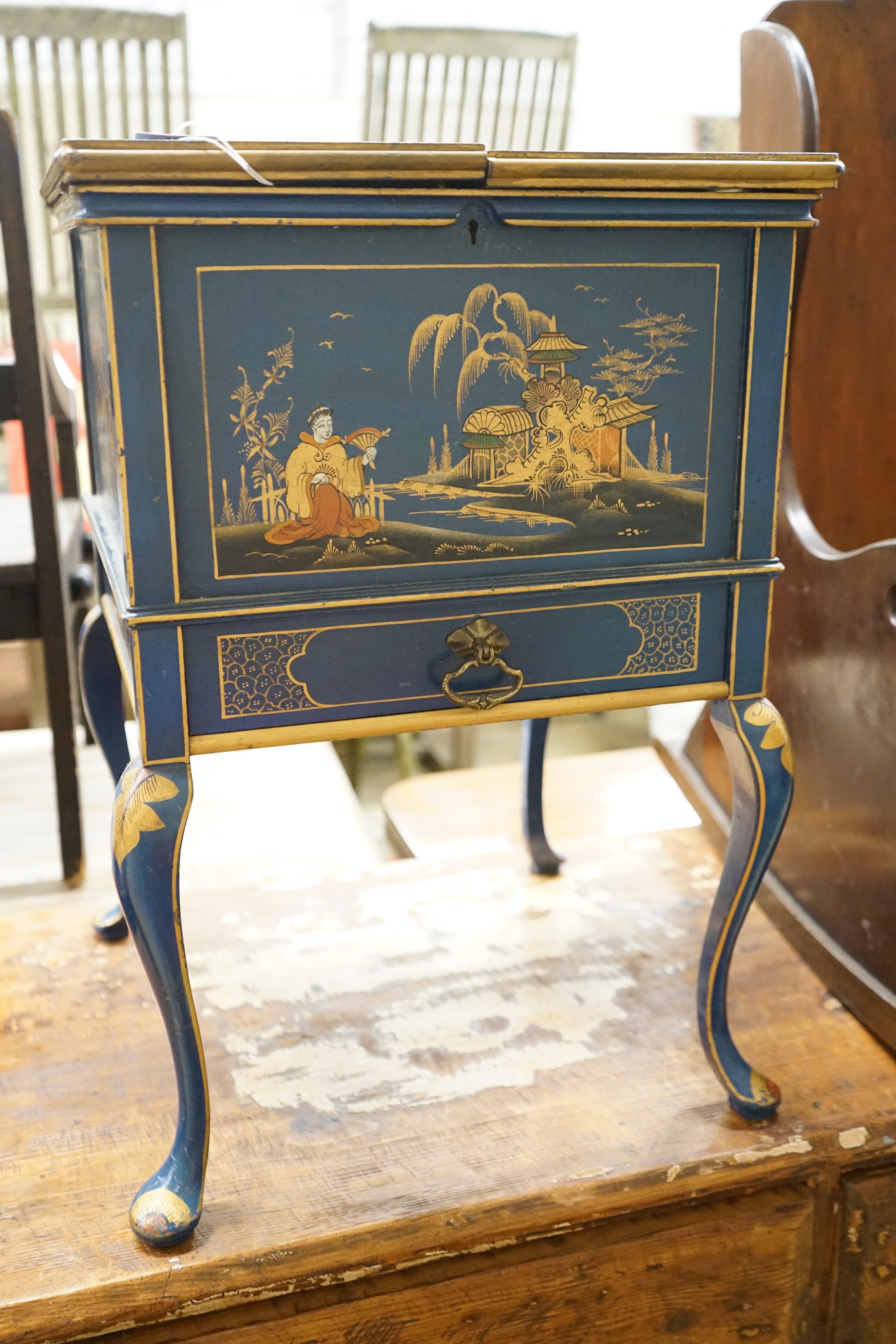 A 1920's square chinoiserie lacquer work box, 36cm, height 53cm