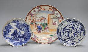 An 18th century Chinese export famille rose plate and two similar blue and white saucers, largest
