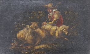 Early 19th century English School, oil on canvas heightened with gilt, Shepherd boy and sheep, 12
