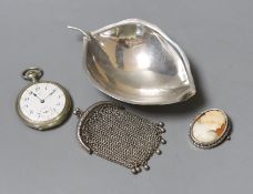 A modern sterling Sciarrotta leaf dish, 13.4cm,a nickel cased Omega open face pocket watch, a