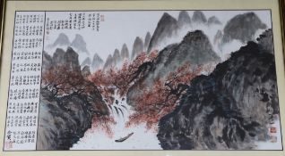 Chinese School, watercolour, Landscape with waterfall, 52 x 93cm