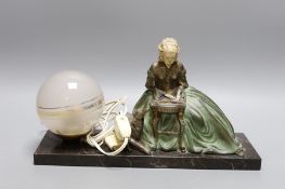 A French 1930's lamp with a seated female reading beside a laying loyal hound on marble plinth base,