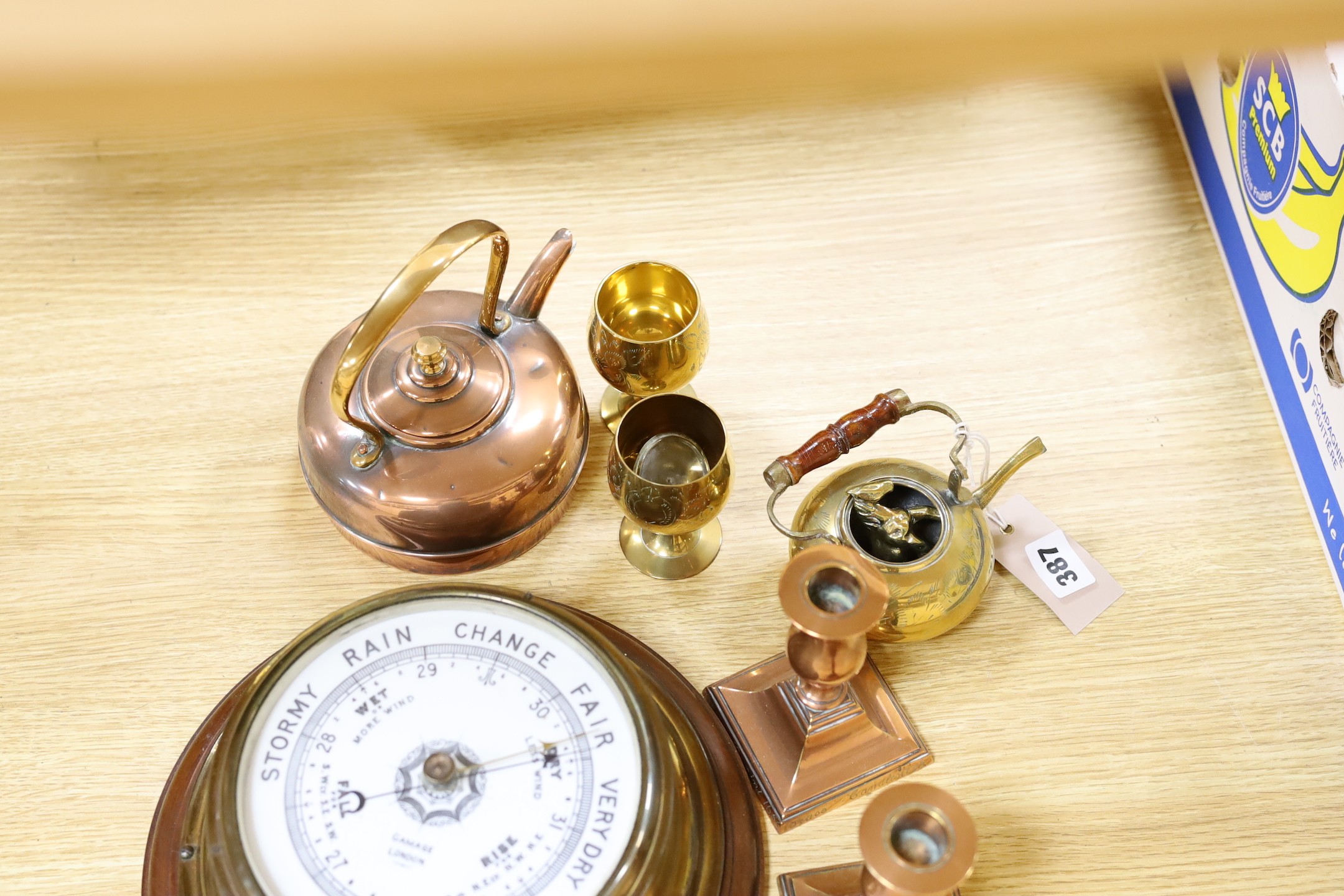 A Gamages aneroid barometer and a group of metalware,barometer 36 cms diameter including wooden - Image 2 of 2