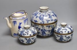 Three Chinese blue and white jars and a teapot, tallest 19cm