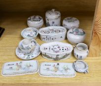 Twelve items of Chinese Republic porcelain, including two bird feeders,tallest 10 cms high,