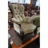 A Victorian mahogany upholstered spoonback armchair, width 70cm depth 70cm height 96cm