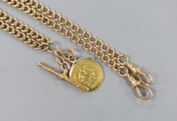 An early 20th century 9ct gold albert, 50cm, hung with a very worn sovereign, gross weight 49.6