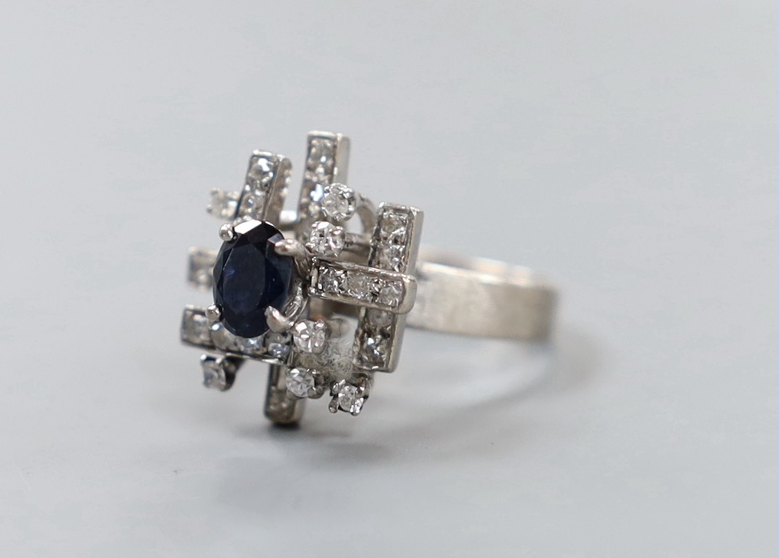 A modern 18k, sapphire and diamond cluster set dress ring, size K, gross weight 6 grams. - Image 2 of 4