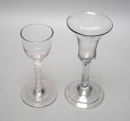 A George III dsot stem wine glass and a George II wine glass with folded foot, tallest 15.5cm