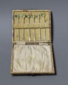 A cased set of six George V silver and enamel ‘Cockerel’ terminal cocktail sticks, Birmingham,