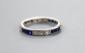 A white metal, square cut sapphire and round cut diamond set full eternity ring, size Q, gross
