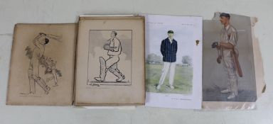 A group of assorted unframed cricketing prints, largest 36 x 26cm