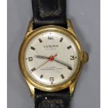 A steel and gold plated boy's size Lusina manual wind wrist watch, on leather strap.