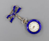 A Swiss white metal and enamel fob watch, on an white metal and enamel suspension bow brooch.