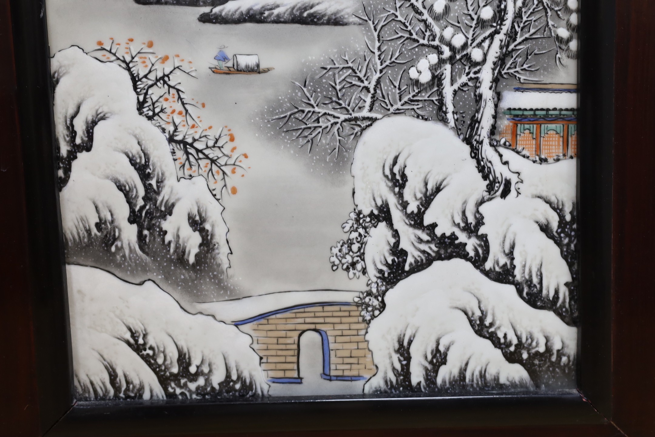 A Chinese framed porcelain plaque decorated with a winter scene, 31 cms wide x 54 cms high (not - Image 4 of 4