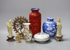 A collection of Asian ceramics and a bronze Shiva, etc., tallest 20cm