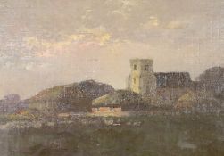George Charles Haité (1855-1924), oil on board, 'Lyminster Church, Sussex', signed with artist label
