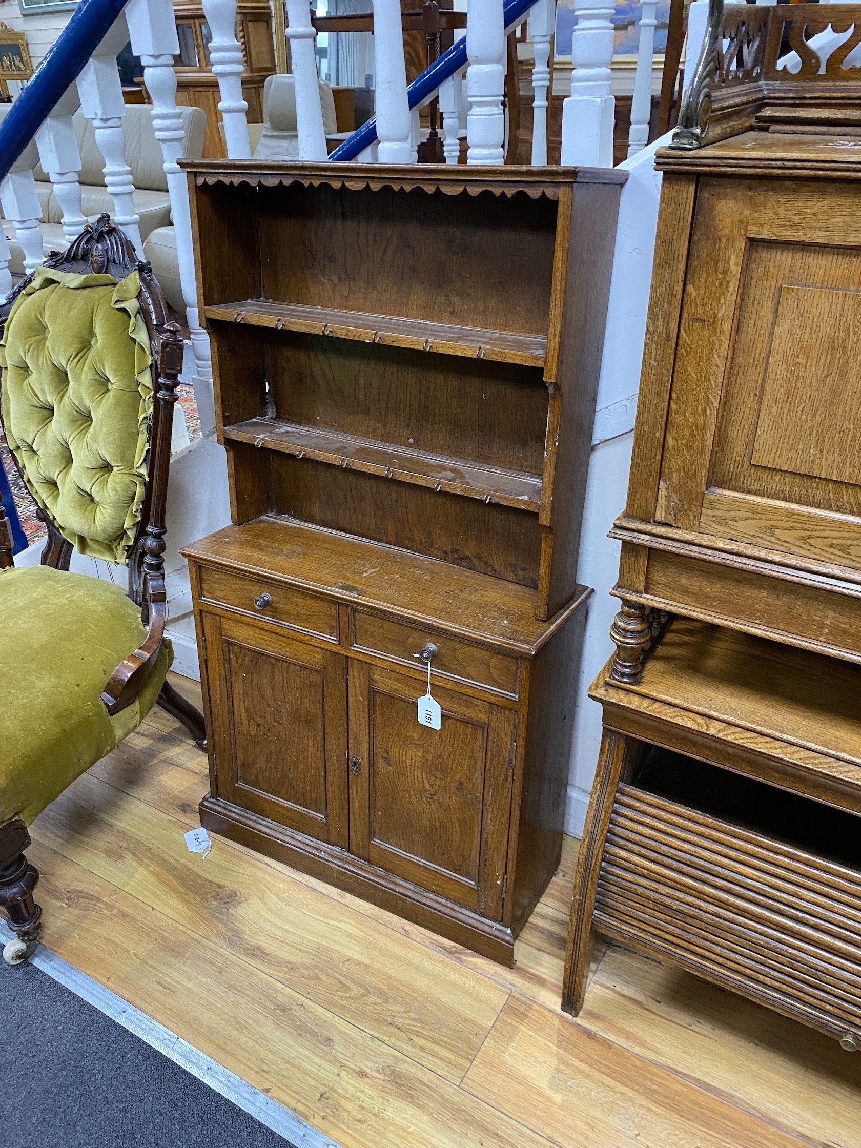 A mid 20th century oak miniature kitchen dresser, width 59cm, depth 21cm, height 108cm - Image 2 of 2