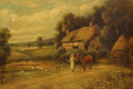William Langley (1852-1922), oil on canvas, Woman and horse before a thatched cottage, signed, 40