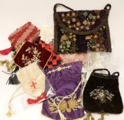 Sixteen mixed 19th century reticules, bible bags and purses embroidered with ribbon work, shells,