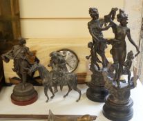 A pair of spelter figures and two others, tallest 40cm