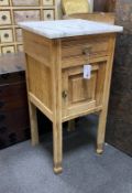 An early 20th century Continental oak marble top bedside cabinet, width 42cm, depth 39cm, height
