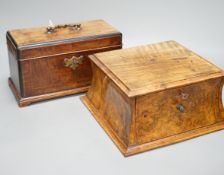 A George III mahogany tea caddy with inlaid decoration, together with a burr walnut veneer cavetto