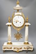 A large French white marble portico clock with ormolu decoration and sunburst pendulum, 59.5cm tall