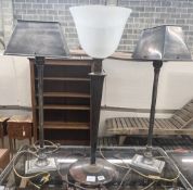 A pair of plated metal table lamps, height 71cm together with a mid century simulated rosewood