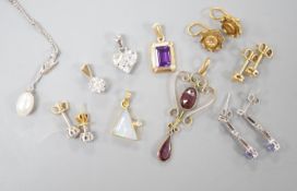 Mixed jewellery including a pair of Victorian 15ct and diamond chip earrings, a modern amethyst