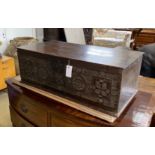 A 17th century and later carved oak bible box, length 76cm, depth 39cm, height 27cm