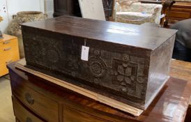 A 17th century and later carved oak bible box, length 76cm, depth 39cm, height 27cm