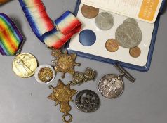A WWI medal trio T4-096261 PTE A.R. Morton A.S.C., a decimal coin set and sundries