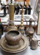 Three Cairo ware items and other Islamic or Indian metalware