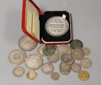 Pre 1947 silver coins and a technological examination medal stamped ‘sterling silver’ the edge