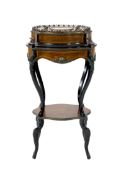 A 19th century French walnut and marquetry porcelain mounted two tier table, width 48cm, depth 35cm,