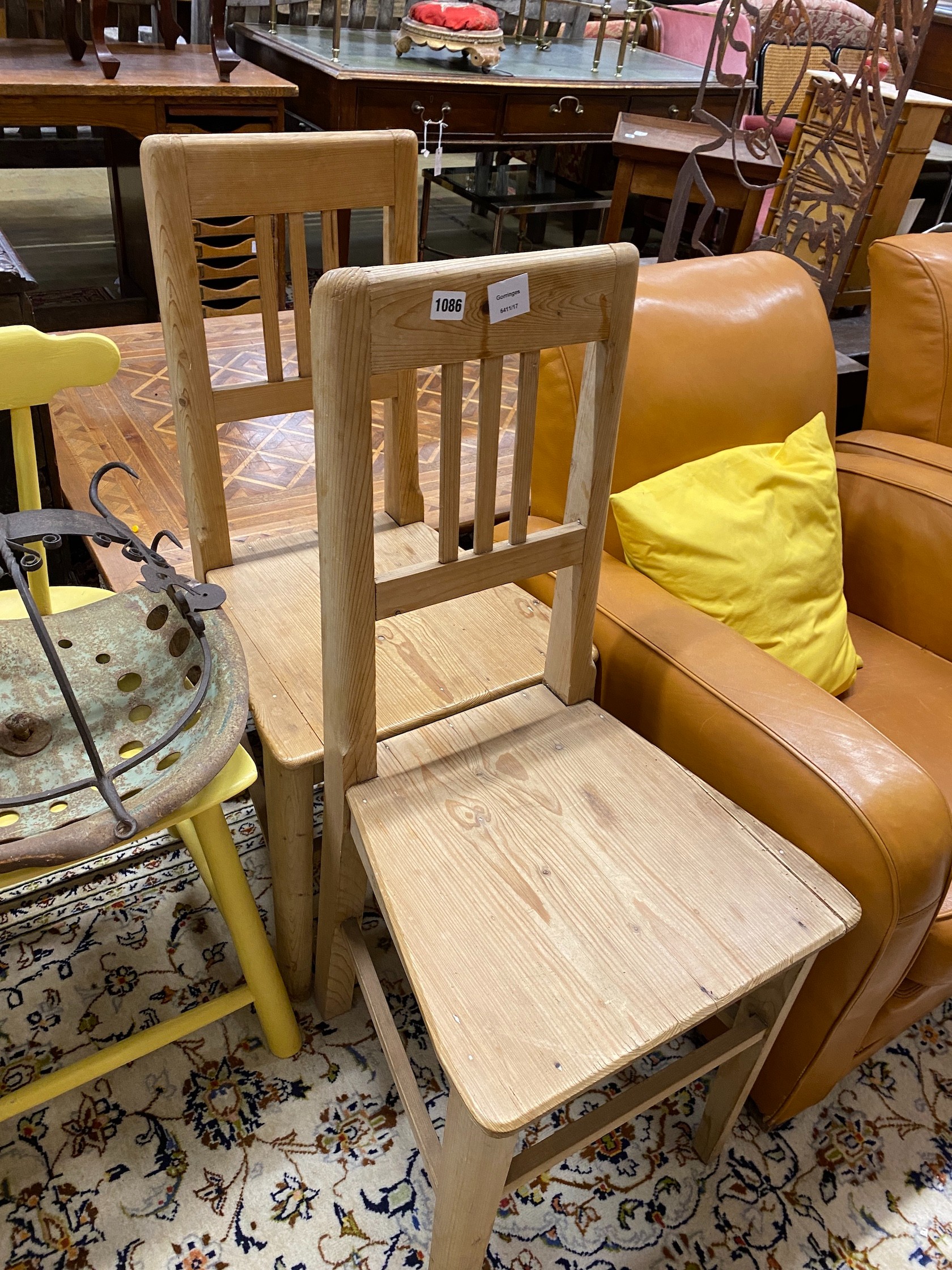 A pair of provincial pine chairs, one other, a pot hanger and vintage tractor seat - Image 2 of 2