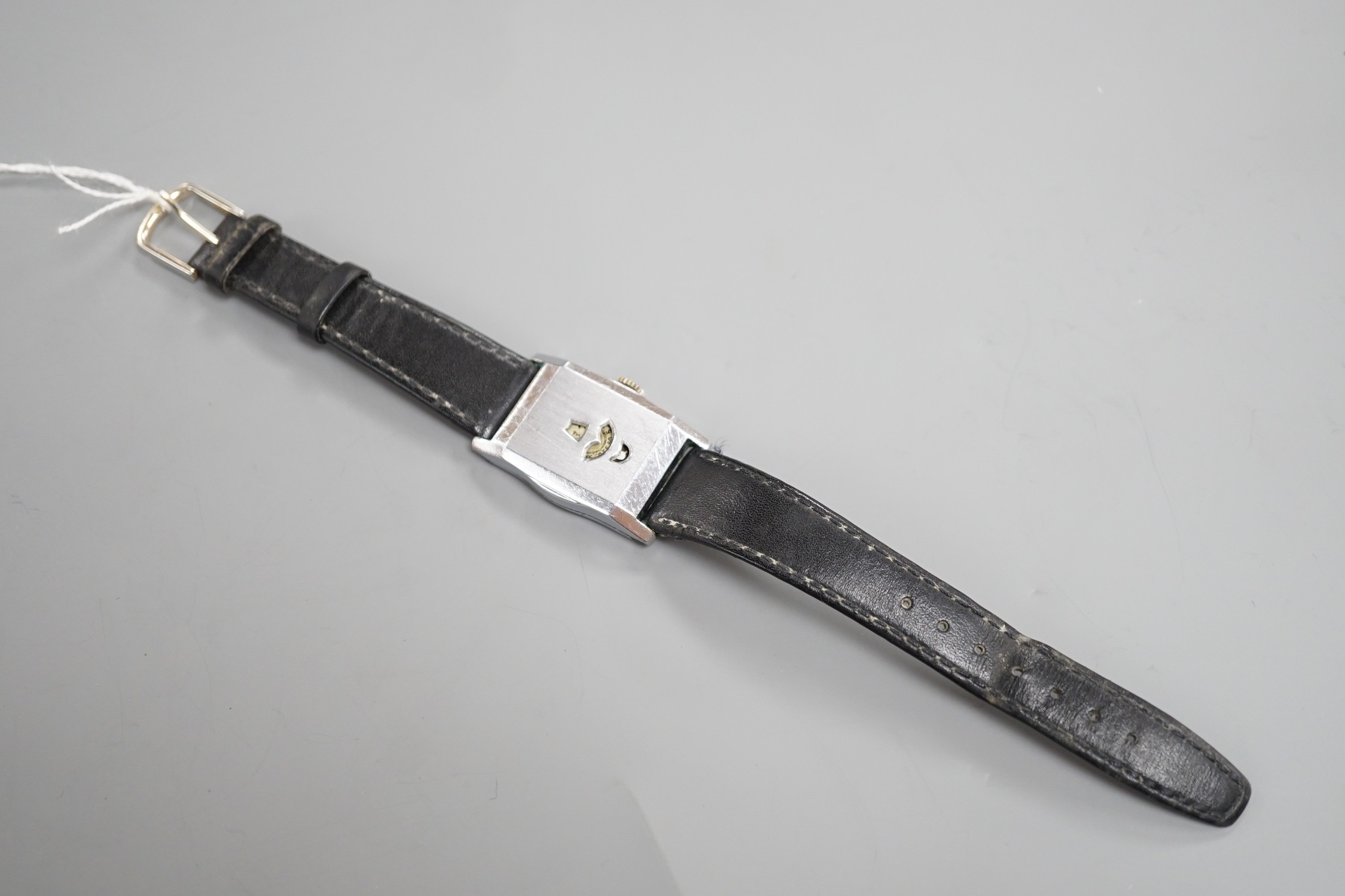 A gentlemen's 1930's? stainless steel jump hour digital manual wind wristwatch, on leather strap. - Image 3 of 4