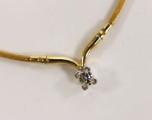 A modern 750 yellow metal and fancy cut solitaire diamond set pendant necklace, approx. 36cm,