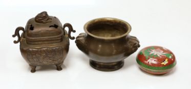 A Chinese bronze gui censer, a Japanese bronze censer and a cloisonne enamel box and cover, censer