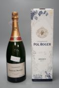 One boxed magnum of Pol Roger NV champagne and one magnum bottle of Laurent Perrier NV champagne
