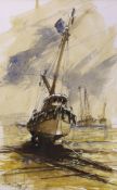 Ben Maile (1922-2017), ink and watercolour, Fishing boat at low tide, signed, 28 x 17.5 cm.