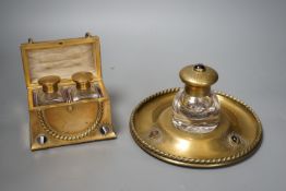 A Victorian agate mounted brass scent bottle casket and similar circular chest inkstand with knotted