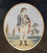 An oval Regency silkwork picture of a gentleman amongst landscape in glazed frame, 20 x 17cm