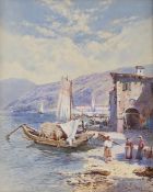 Charles Rowbotham (1826-1904), watercolour, Figures on the shore of an Italian lake, signed and